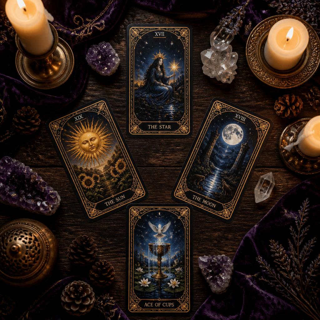 The Four-Card Spread — tarot cards laid by candlelight